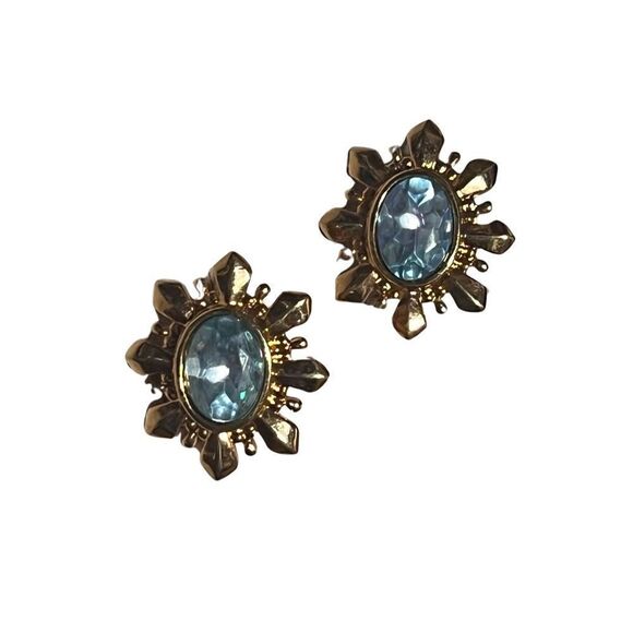 Vintage Avon Gold Tone Starburst Blue Rhinestone Clip On Earrings - Picture 3 of 11
